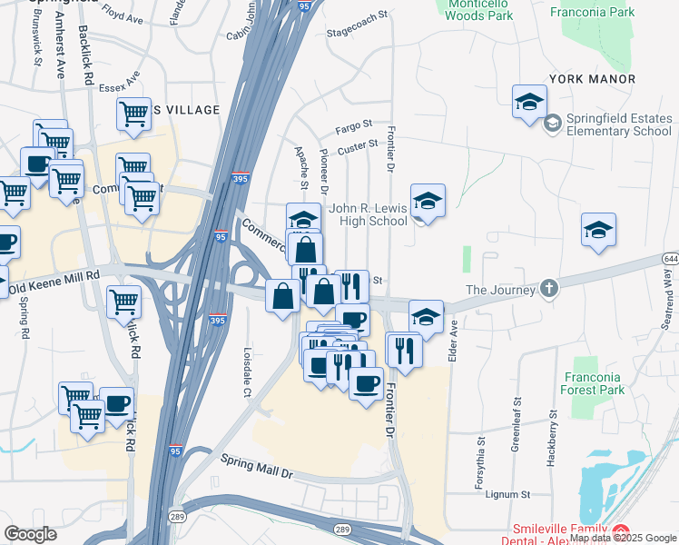 map of restaurants, bars, coffee shops, grocery stores, and more near 6616 Buckskin Street in Springfield
