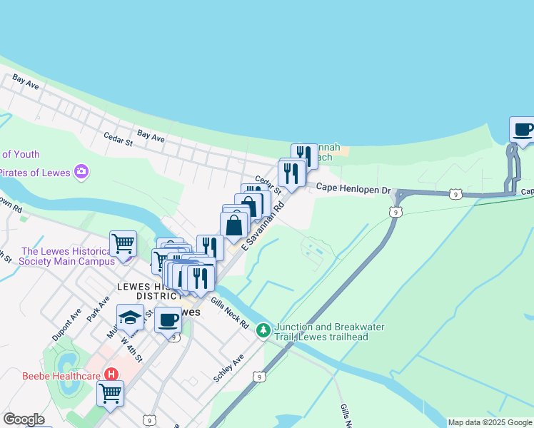 map of restaurants, bars, coffee shops, grocery stores, and more near 304 Massachusetts Avenue in Lewes