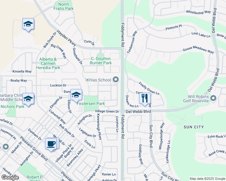 map of restaurants, bars, coffee shops, grocery stores, and more near 2156 Eldmire Way in Roseville
