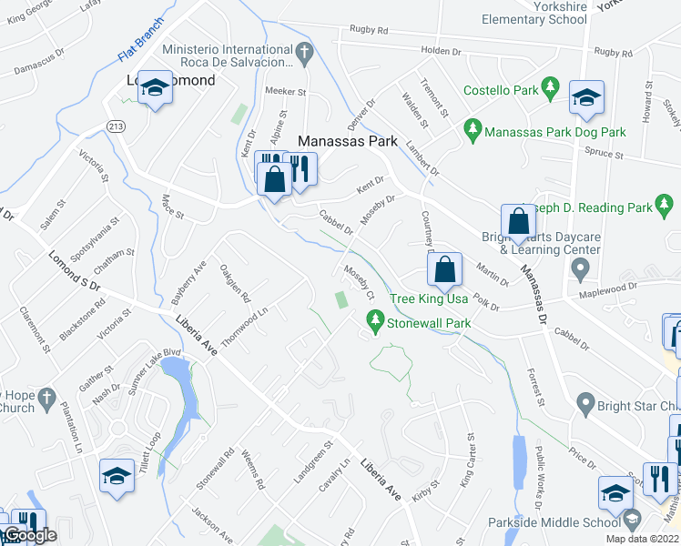 map of restaurants, bars, coffee shops, grocery stores, and more near 305 Moseby Court in Manassas Park