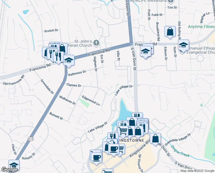 map of restaurants, bars, coffee shops, grocery stores, and more near 5947 Clapton Court in Franconia