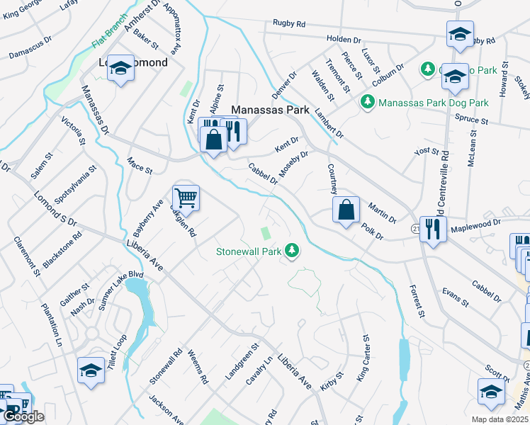 map of restaurants, bars, coffee shops, grocery stores, and more near 305 Moseby Court in Manassas Park
