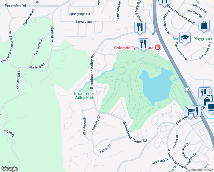 map of restaurants, bars, coffee shops, grocery stores, and more near 340 Blue Windsor Lane in Colorado Springs
