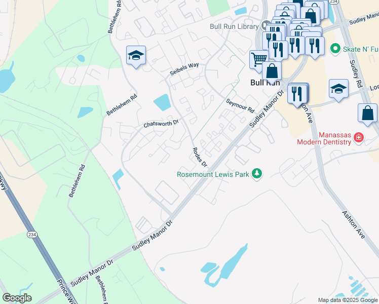 map of restaurants, bars, coffee shops, grocery stores, and more near 11034 Doubleday Lane in Manassas