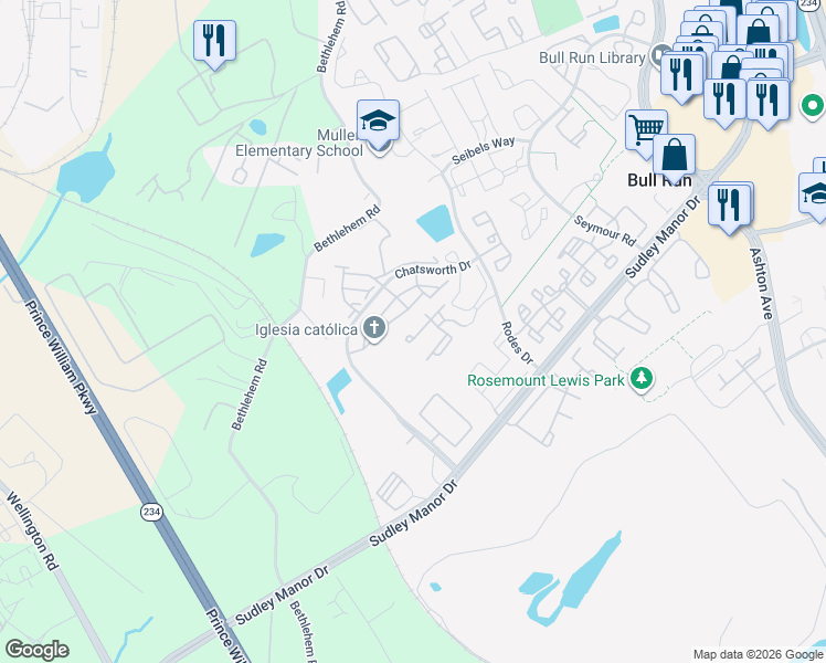 map of restaurants, bars, coffee shops, grocery stores, and more near 11200 Rienzi Place in Manassas