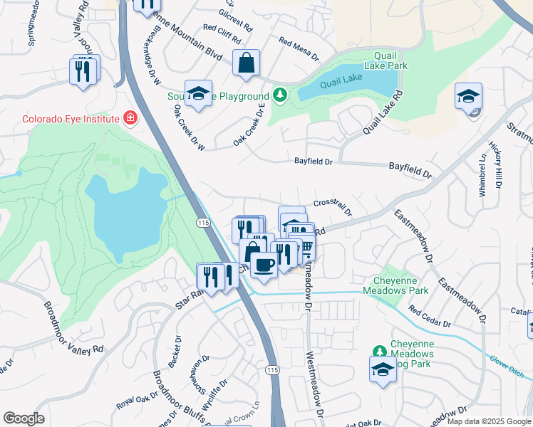 map of restaurants, bars, coffee shops, grocery stores, and more near 838 San Gabriel Place in Colorado Springs