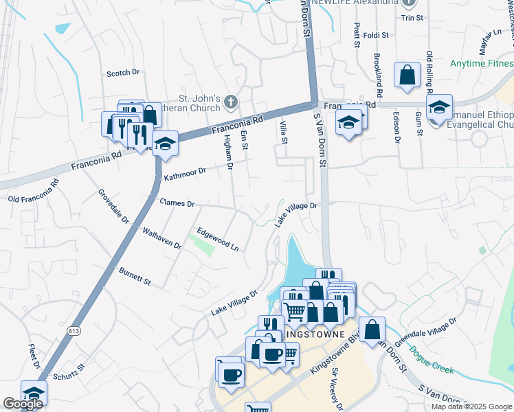 map of restaurants, bars, coffee shops, grocery stores, and more near 5947 Clapton Court in Franconia