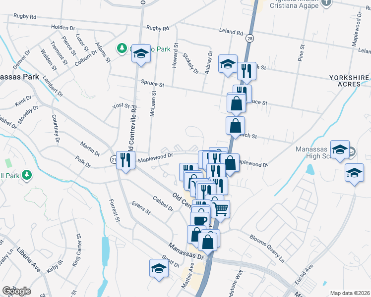 map of restaurants, bars, coffee shops, grocery stores, and more near 8178 Peakwood Court in Manassas