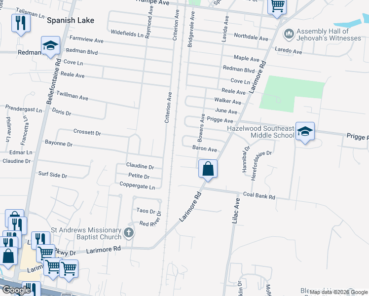 map of restaurants, bars, coffee shops, grocery stores, and more near 1213 Baron Avenue in St. Louis