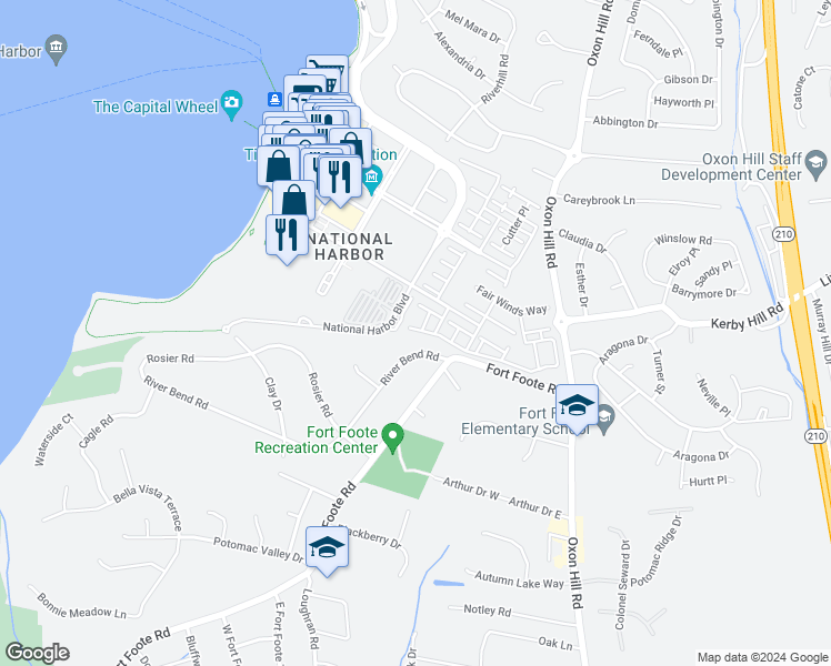 map of restaurants, bars, coffee shops, grocery stores, and more near 507 Overlook Park Drive in Oxon Hill