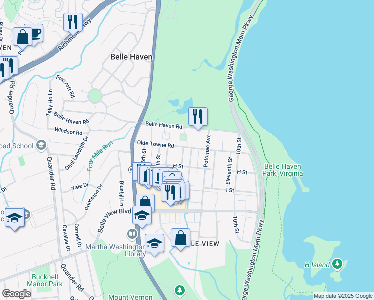 map of restaurants, bars, coffee shops, grocery stores, and more near 1501 Olde Towne Road in Alexandria
