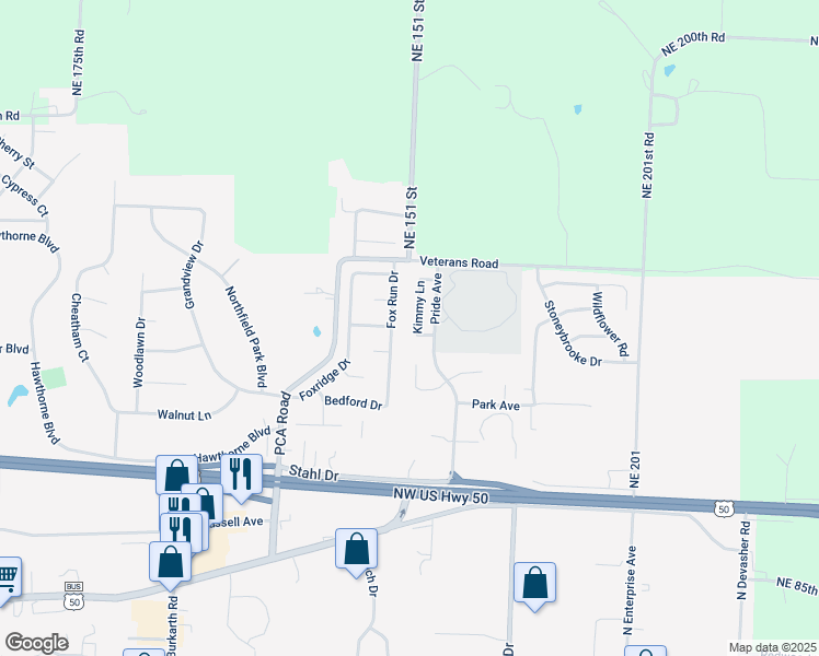 map of restaurants, bars, coffee shops, grocery stores, and more near 1208 Kimmy Lane in Warrensburg