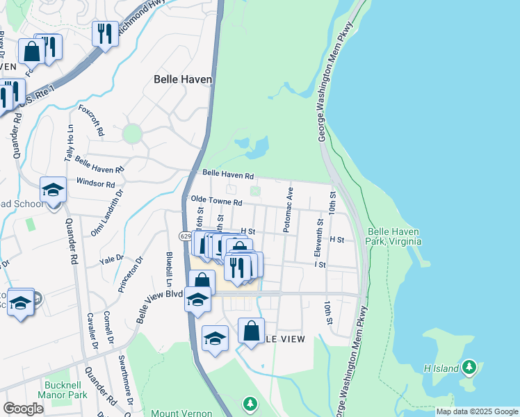 map of restaurants, bars, coffee shops, grocery stores, and more near 1501 Olde Towne Road in Alexandria