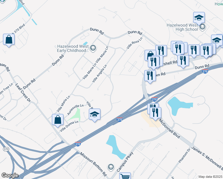 map of restaurants, bars, coffee shops, grocery stores, and more near 5281 Ville Rosa Lane in Hazelwood