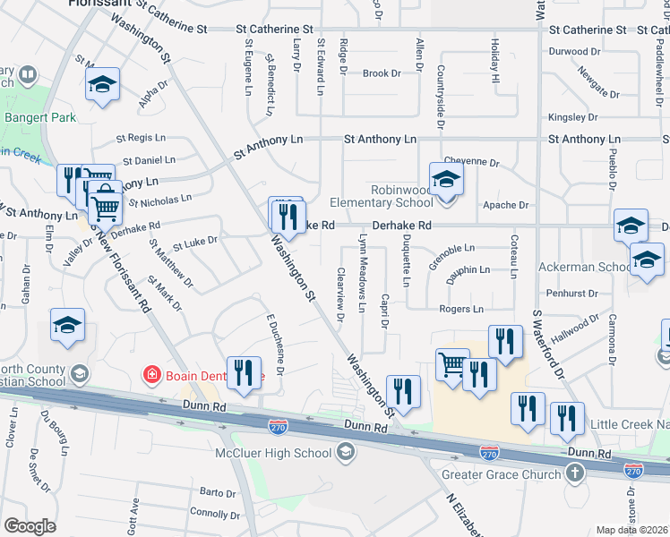 map of restaurants, bars, coffee shops, grocery stores, and more near 2005 Valerie Drive in Florissant