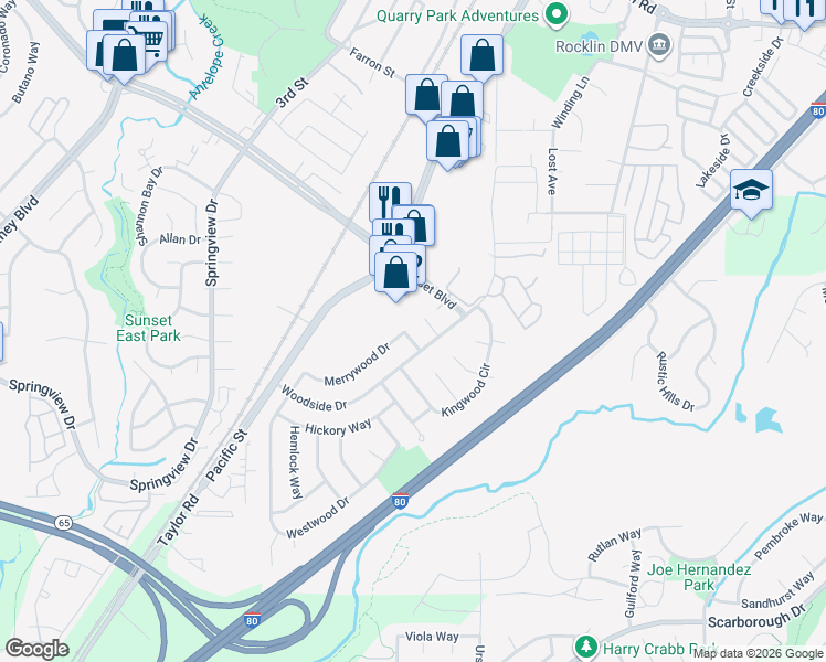 map of restaurants, bars, coffee shops, grocery stores, and more near 5940 Merrywood Drive in Rocklin