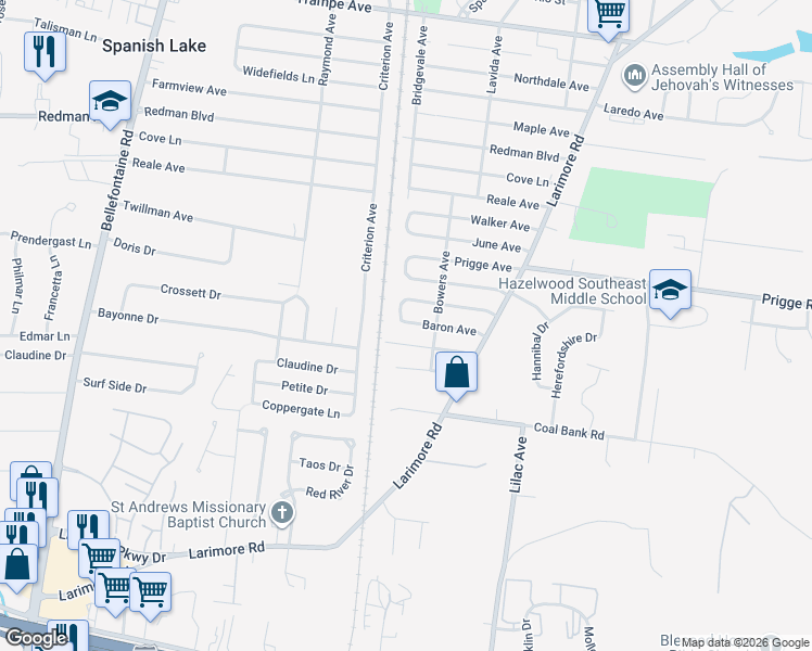 map of restaurants, bars, coffee shops, grocery stores, and more near 1213 Baron Avenue in St. Louis