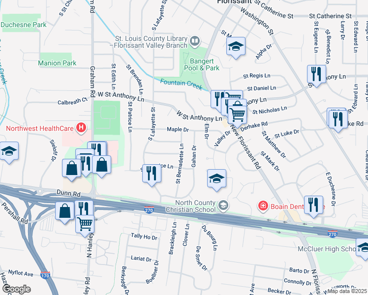 map of restaurants, bars, coffee shops, grocery stores, and more near 1150 Saint Bernadette Lane in Florissant