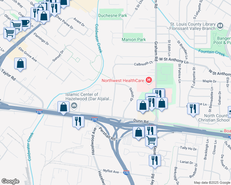 map of restaurants, bars, coffee shops, grocery stores, and more near 7483 Hazelcrest Drive in Hazelwood