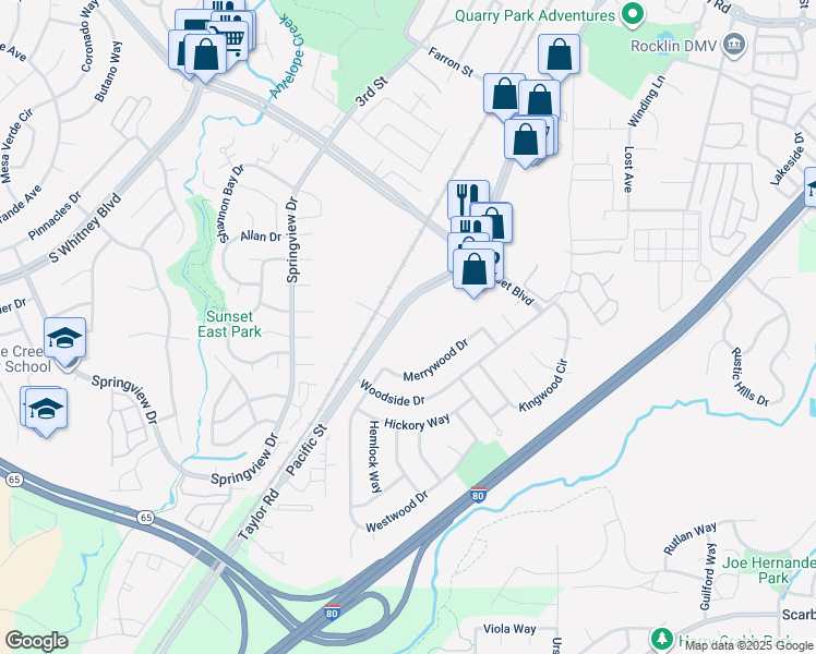 map of restaurants, bars, coffee shops, grocery stores, and more near 6029 Pacific Street in Rocklin