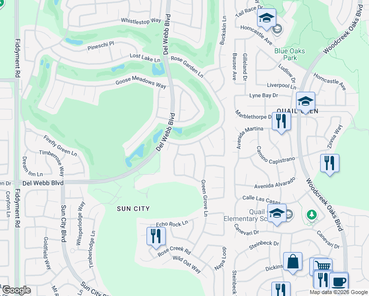 map of restaurants, bars, coffee shops, grocery stores, and more near 6049 Rose Garden Lane in Roseville