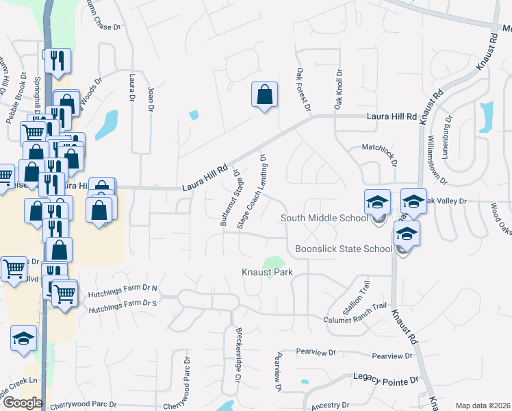 map of restaurants, bars, coffee shops, grocery stores, and more near 149 Stage Coach Landing Drive in St. Peters