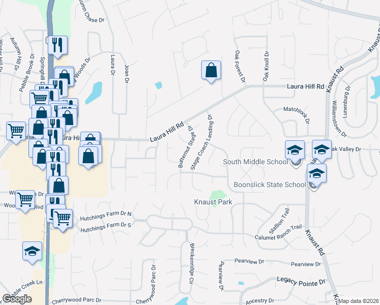map of restaurants, bars, coffee shops, grocery stores, and more near 151 Butternut Stage Drive in St. Peters