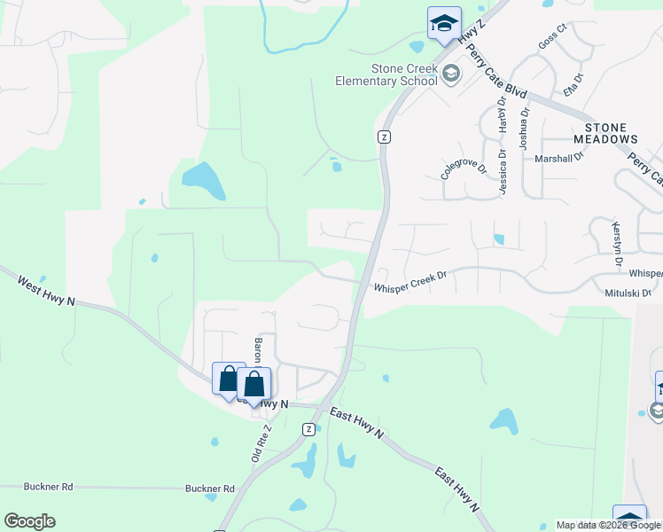 map of restaurants, bars, coffee shops, grocery stores, and more near 304 Meadow Brook Estates Lane in Wentzville