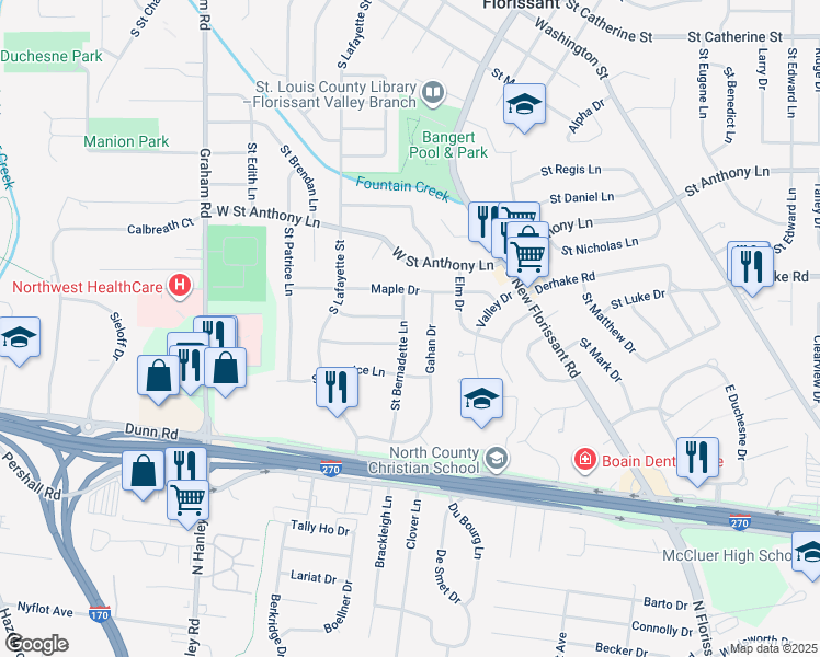 map of restaurants, bars, coffee shops, grocery stores, and more near 1150 Saint Bernadette Lane in Florissant