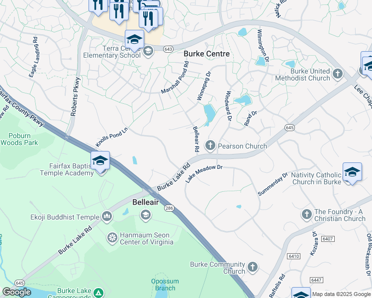 map of restaurants, bars, coffee shops, grocery stores, and more near 6312 Belleair Road in Burke