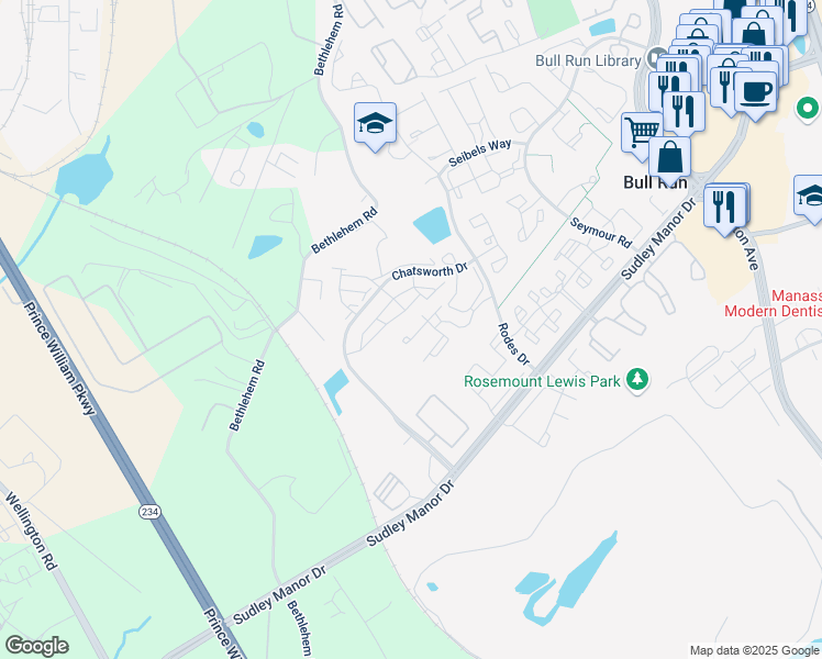 map of restaurants, bars, coffee shops, grocery stores, and more near 11200 Rienzi Place in Manassas