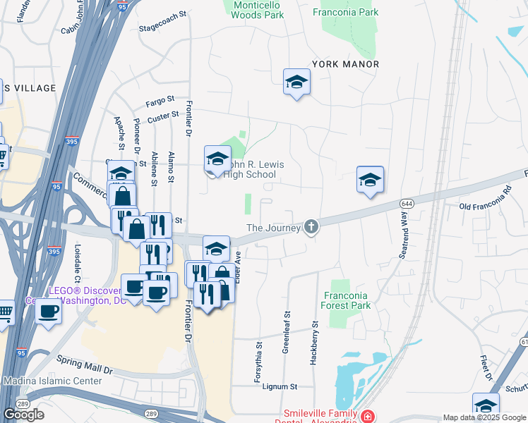 map of restaurants, bars, coffee shops, grocery stores, and more near 6445 Franconia Court in Springfield