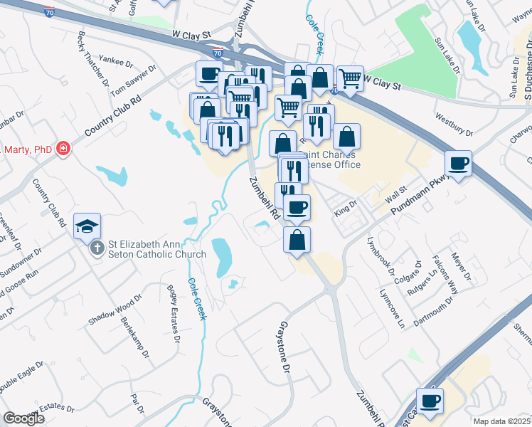 map of restaurants, bars, coffee shops, grocery stores, and more near 2200 Lake Court in Saint Charles