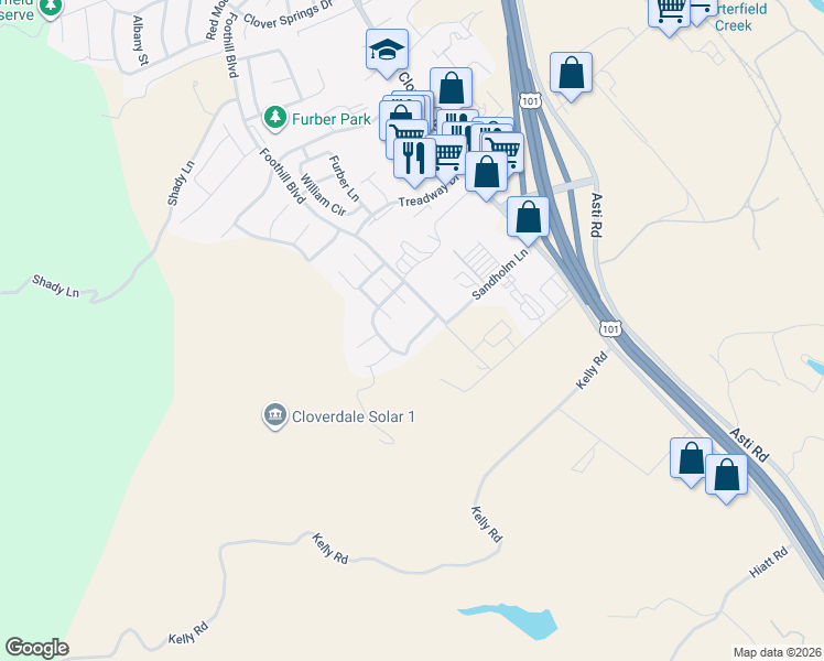 map of restaurants, bars, coffee shops, grocery stores, and more near 308 Sunrise Drive in Cloverdale