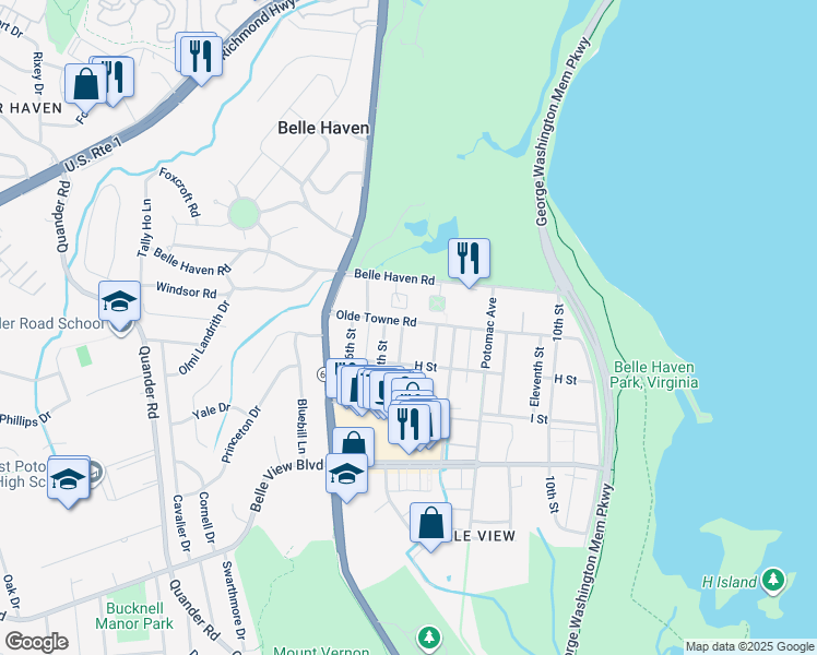 map of restaurants, bars, coffee shops, grocery stores, and more near 1601 Olde Towne Road in Alexandria