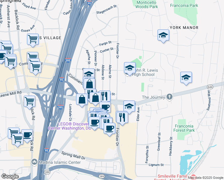 map of restaurants, bars, coffee shops, grocery stores, and more near 6319 Alamo Street in Springfield