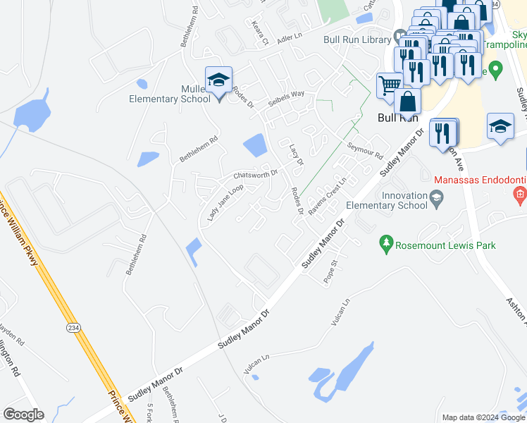 map of restaurants, bars, coffee shops, grocery stores, and more near 8242 Winstead Place in Manassas