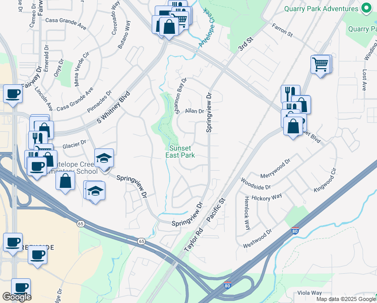 map of restaurants, bars, coffee shops, grocery stores, and more near 5948 Willowynd Drive in Rocklin