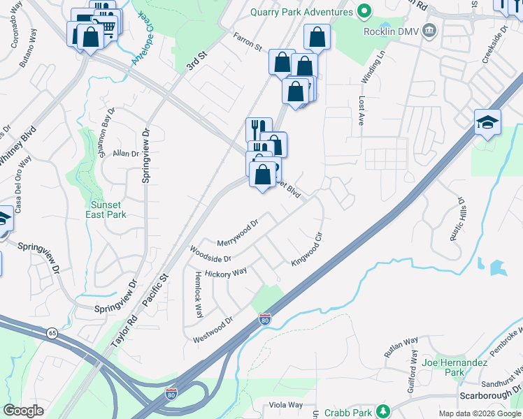 map of restaurants, bars, coffee shops, grocery stores, and more near 5940 Merrywood Drive in Rocklin