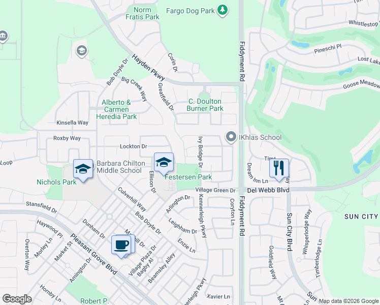 map of restaurants, bars, coffee shops, grocery stores, and more near 2249 Clearbrook Circle in Roseville