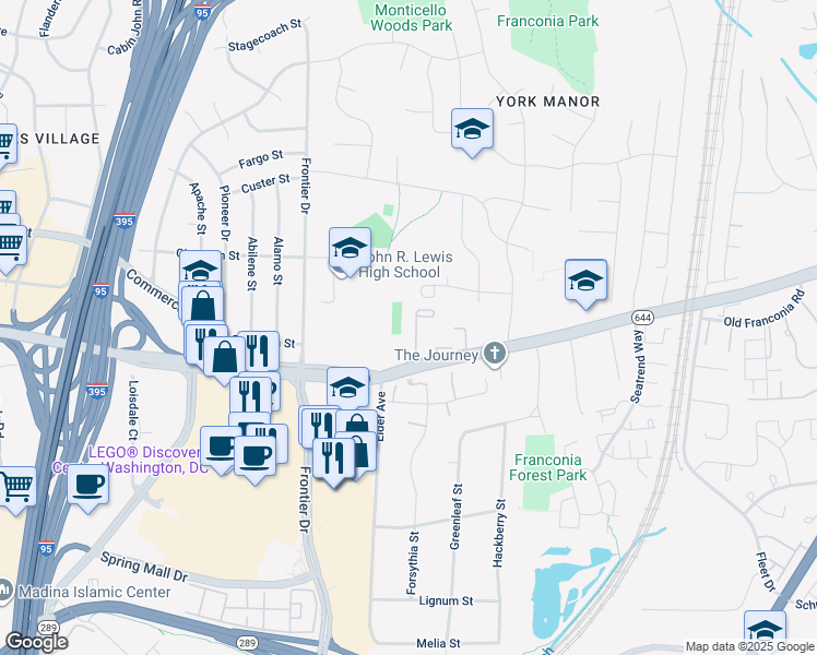 map of restaurants, bars, coffee shops, grocery stores, and more near 6446 Franconia Court in Springfield
