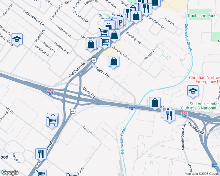 map of restaurants, bars, coffee shops, grocery stores, and more near 7105 Fordshire Lane in Hazelwood