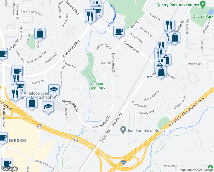 map of restaurants, bars, coffee shops, grocery stores, and more near 5595 West Driftwood Court in Rocklin