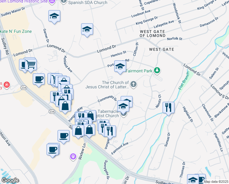 map of restaurants, bars, coffee shops, grocery stores, and more near 8021 Community Drive in Manassas