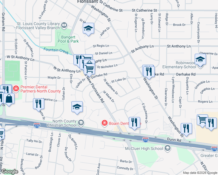 map of restaurants, bars, coffee shops, grocery stores, and more near 1135 Saint Matthew Drive in Florissant