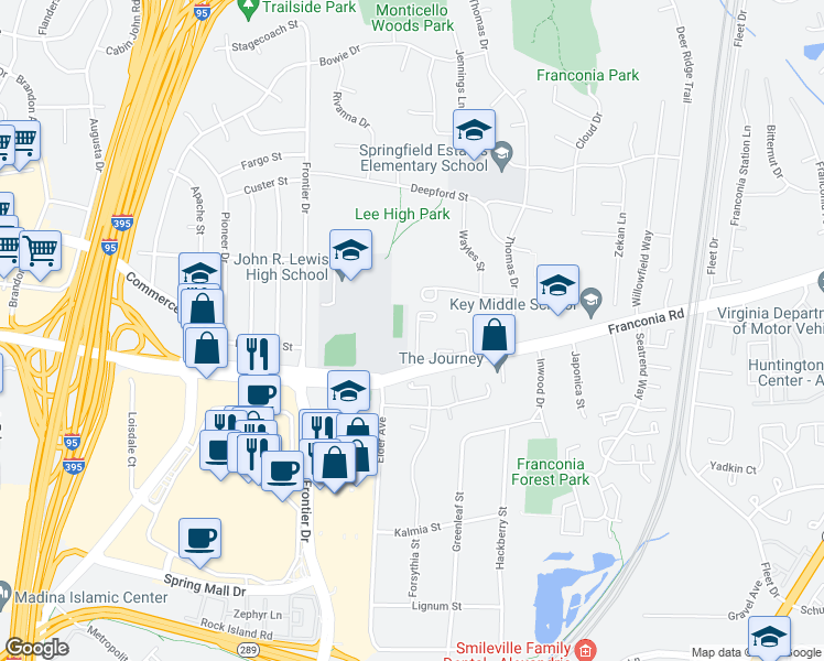 map of restaurants, bars, coffee shops, grocery stores, and more near 6446 Franconia Court in Springfield