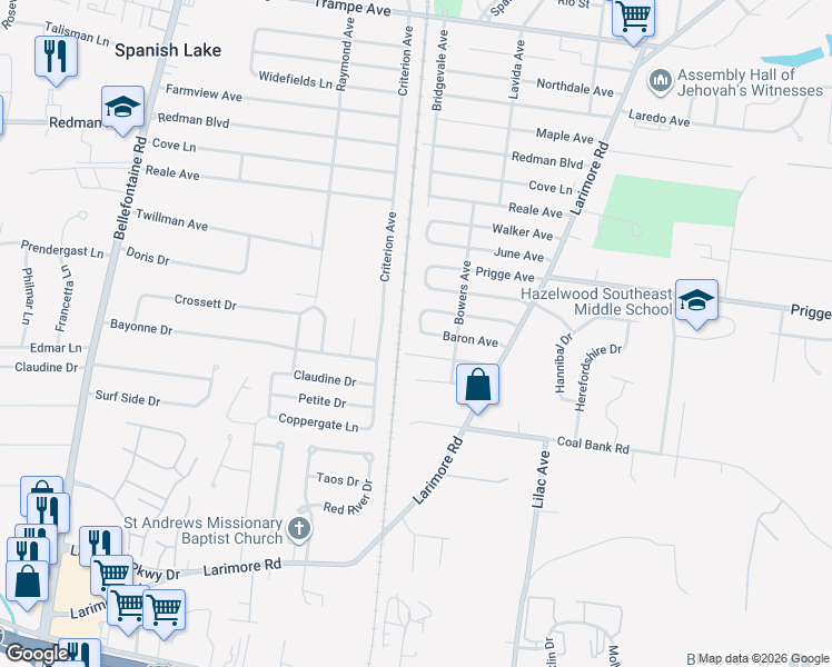 map of restaurants, bars, coffee shops, grocery stores, and more near 1236 Baron Avenue in St. Louis