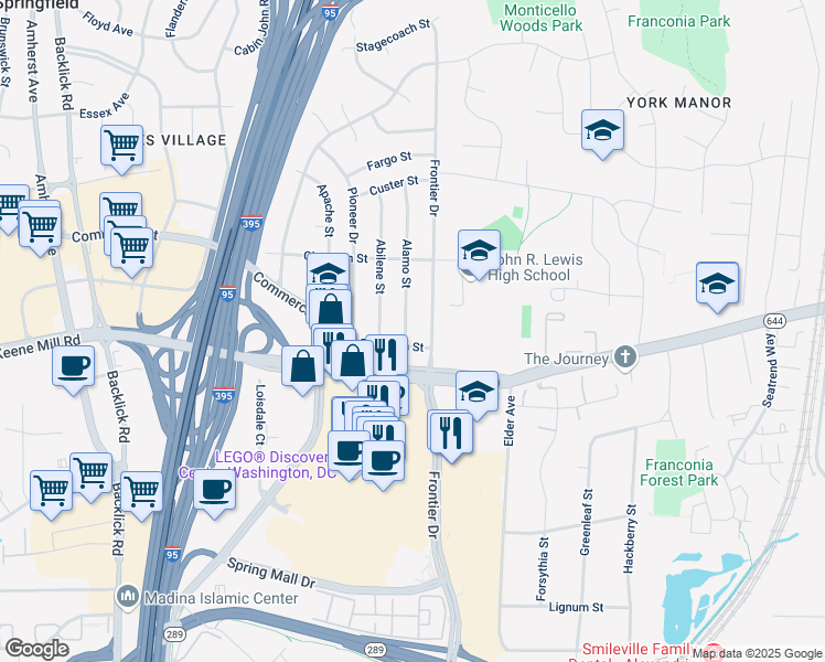 map of restaurants, bars, coffee shops, grocery stores, and more near 6319 Alamo Street in Springfield