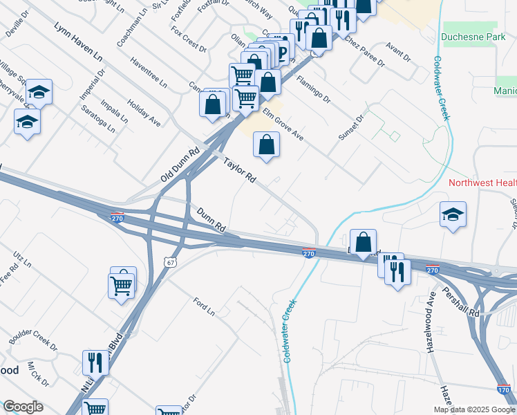map of restaurants, bars, coffee shops, grocery stores, and more near 7105 Fordshire Lane in Hazelwood