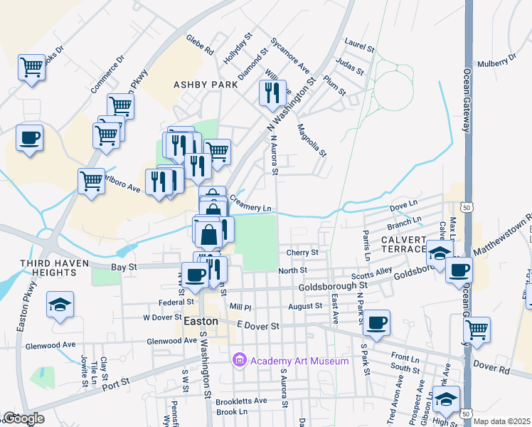 map of restaurants, bars, coffee shops, grocery stores, and more near 26 Creamery Lane in Easton